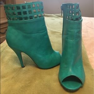 Aqua color peep toe boots